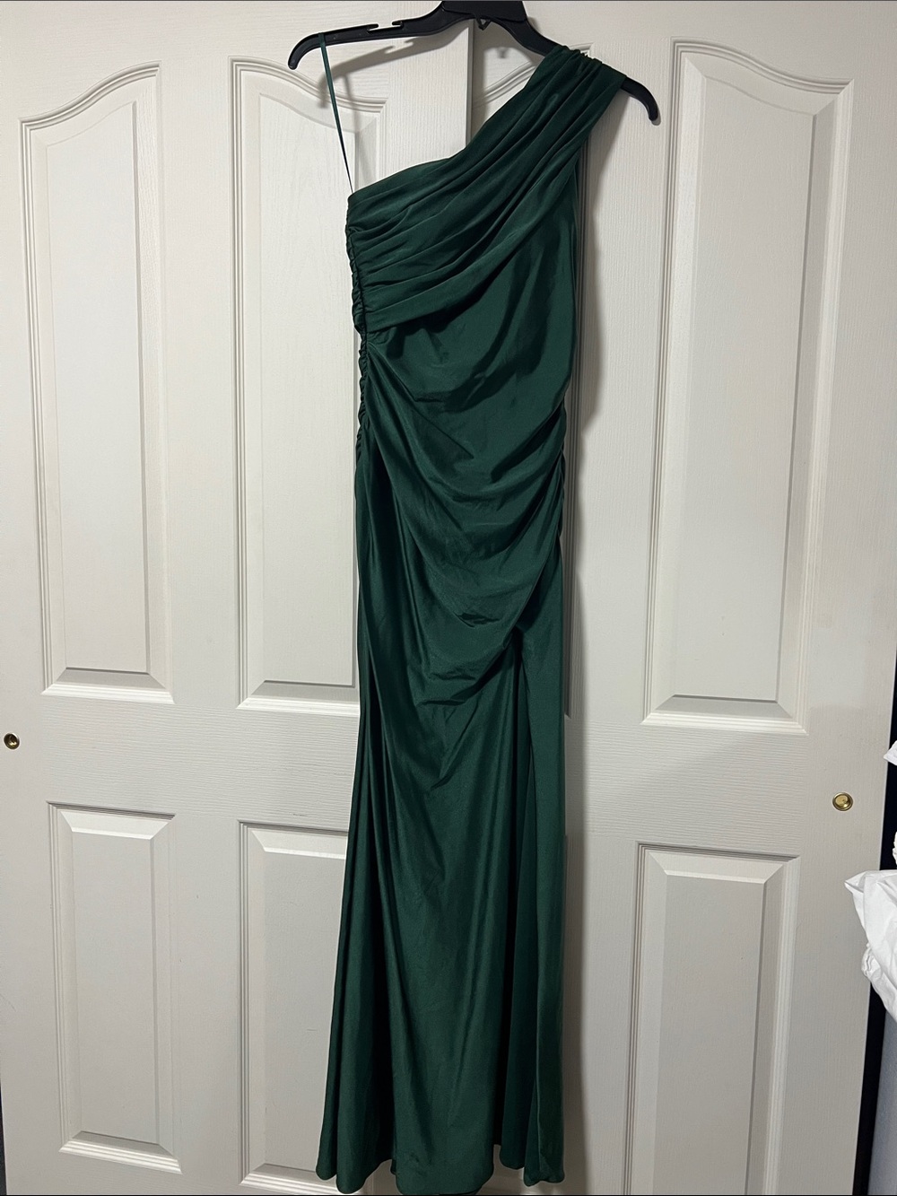 La Femme Dark Emerald One-Shoulder Draped Gown